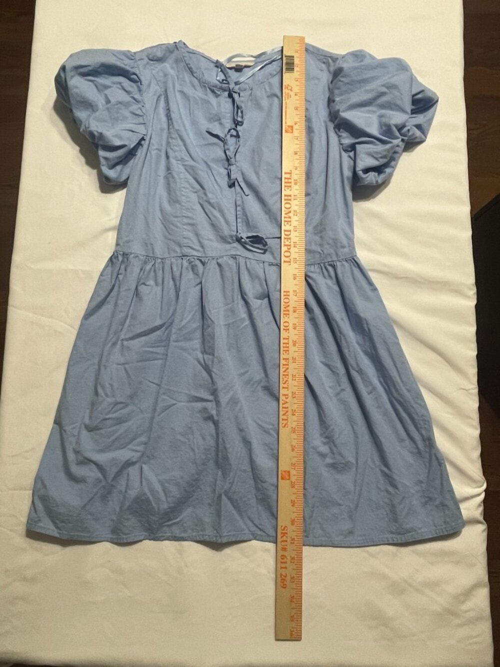 Sim & Sam Light Blue Dress, 100% Cotton, Puff Sleeves, Top Ties into Bowes Sz L - Picture 7 of 11